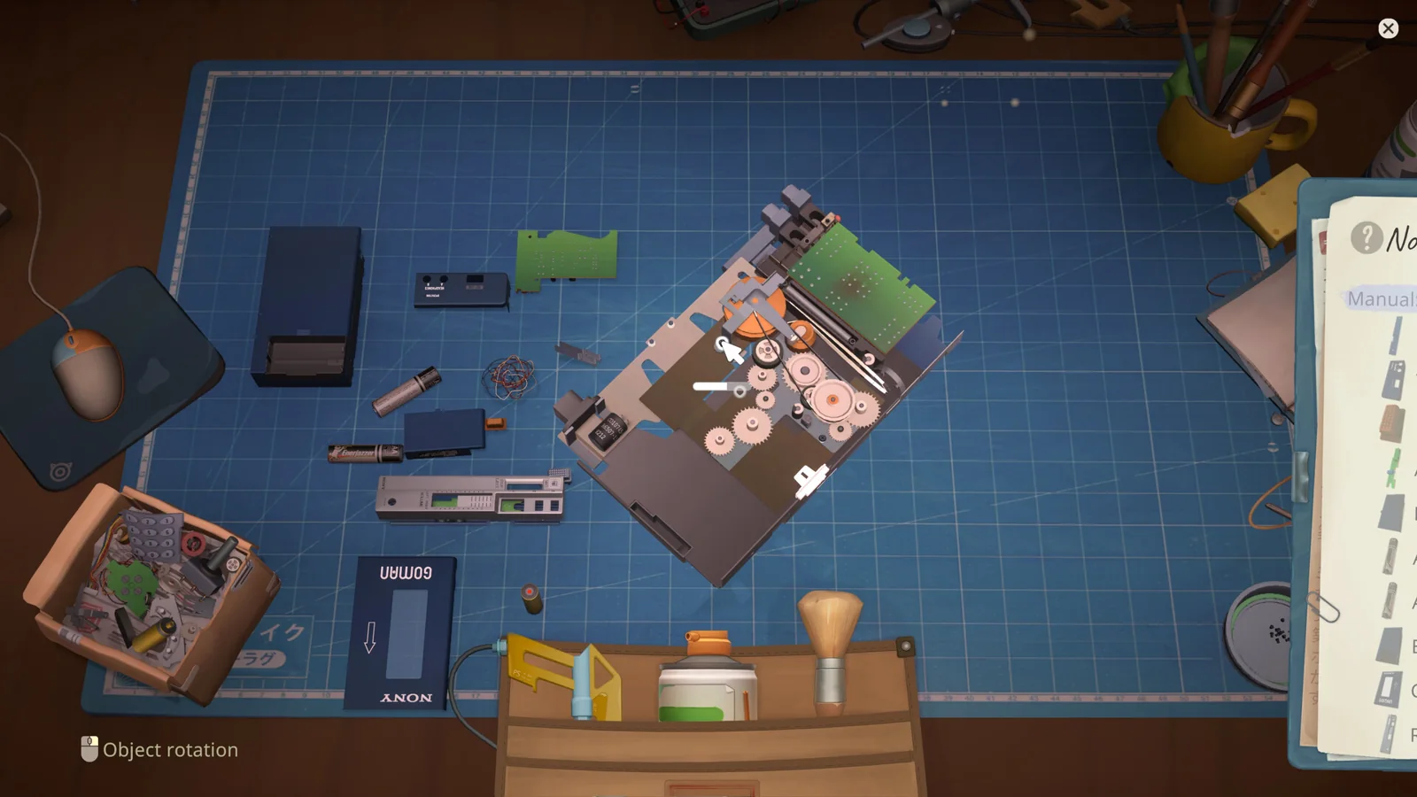 Separated electronic parts laid out for a ReStory repair